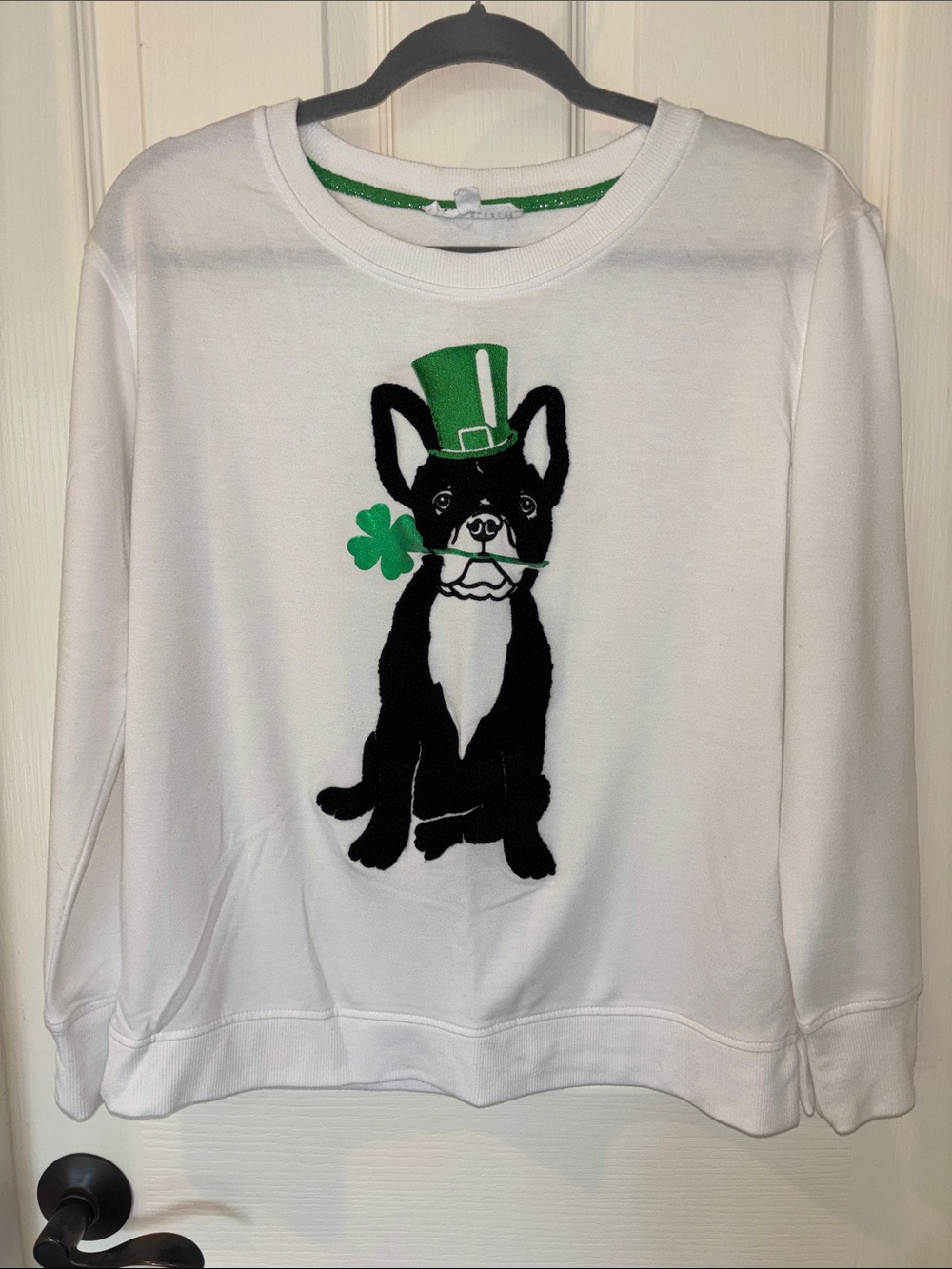 Jane+Delancey White French Bulldog St. Patrick's Sweatshirt with Green Accent